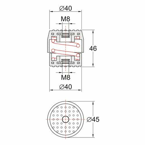 Afmetingen Trillingsdempers anti-vibratieset rood-wit 70-120 kg